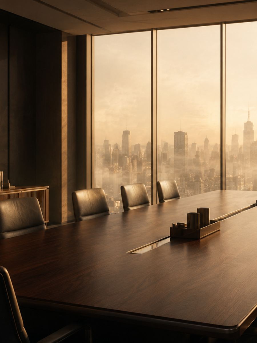 Boardroom overlooking the city skyline at golden hour